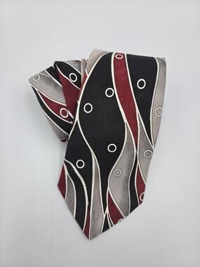 Surrey Mens Necktie Vtg Abstract Geometric Wave Swirl Burgundy Red Black Grey